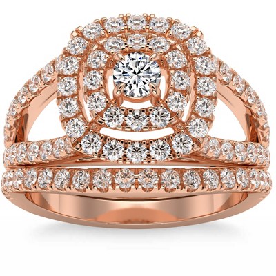 Pompeii3 1 3/4Ct Natural Diamond Cushion Halo Engagement Wedding Ring Set in 10k Gold