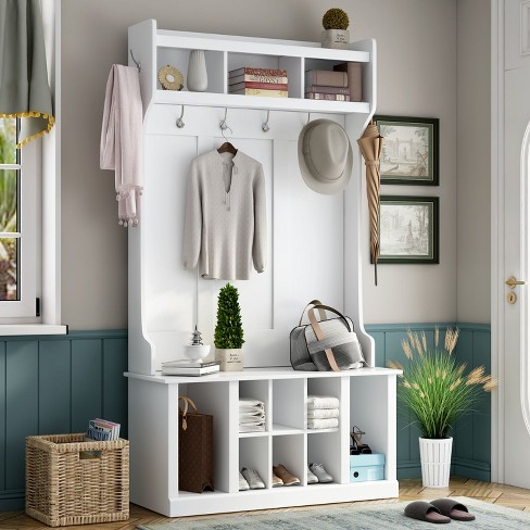 White Coat Hanger Storage Cabinet With 6 Hooks, 3-in-1 Design Hall Tree ...