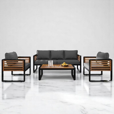 4-Piece Boho Wicker Patio Conversation Set with Acacia Wood Table, Removable Cushions, and Adjustable Feet