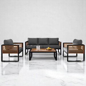 4-Piece Boho Wicker Patio Conversation Set with Acacia Wood Table, Removable Cushions, and Adjustable Feet - 1 of 4
