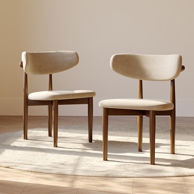 POVISON Mid-Century Modern Wood Dining Chairs Set of 2, Beige & Walnut Linen Side Table, Fully Assembled