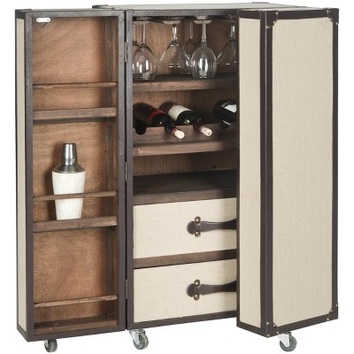 Beige Linen and Vegan Leather Industrial Beverage Cabinet