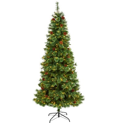 Nearly Natural 7-ft White Mountain Pine Artificial Christmas Tree with 400 Clear LED Lights and Pine Cones