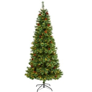 Nearly Natural 7-ft White Mountain Pine Artificial Christmas Tree with 400 Clear LED Lights and Pine Cones - 1 of 4