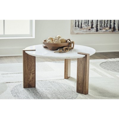 Round White Marble Top Coffee Table with Brown Wood Base