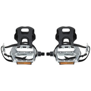 Unique Bargains Bicycle Pedals 9/16'' Spindle Platform with Toe Clips Fixed Foot Strap Black Silver Tone 1 Pair - 1 of 4