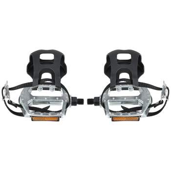 Unique Bargains Bicycle Pedals 1/2'' Spindle Platform with Toe Clips Fixed Foot Strap Black Silver Tone 1 Pair