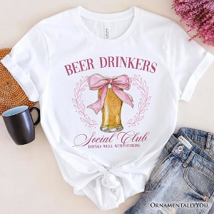 Beer Drinkers Social Club T-Shirt, Coquette Pink Bow Tee for Girly Summer Bachelorette Vibes| OrnamentallyYou - 1 of 4