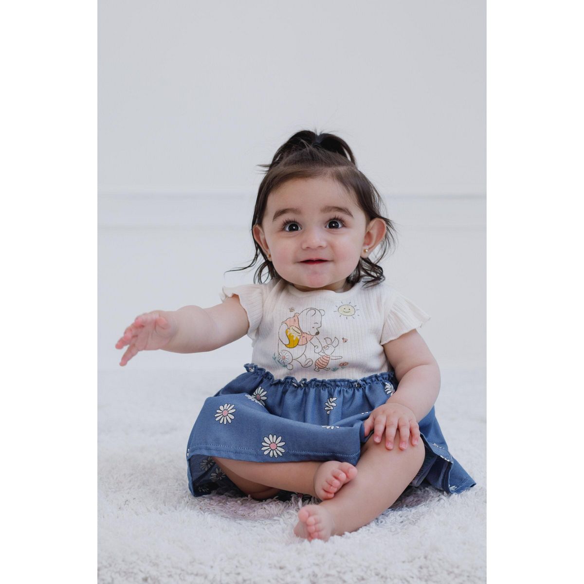 Disney Winnie the Pooh Piglet Floral Baby Girls Chambray Dress and Diaper Cover Outfit Set Newborn to Infant - thumbnail 5