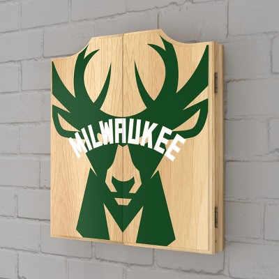 Milwaukee Bucks Wood Dartboard Cabinet Set with Steel Tip Darts