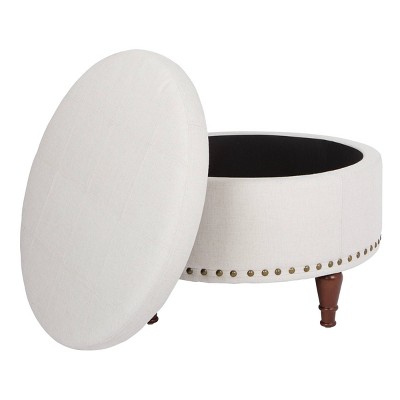 Alloway Round Linen Storage Ottoman with Antique Bronze Nailheads
