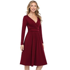 V Neck Casual Dress Long Sleeve Empire Waist Wrap Midi Party Dresses with Pockets - 1 of 4