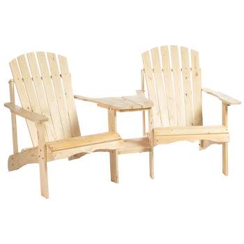 Outsunny Set of 3 Wooden Adirondack Chairs, Outdoor Double Seat with Center Table and Umbrella Hole for Patio, Backyard, Deck, Fire Pit