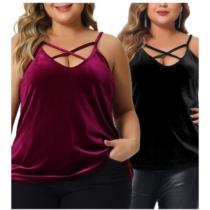 Agnes Orinda Women's Plus Size Criss Cross V Neck Spaghetti Strap Fashion Velvet Packs Camisoles - 1 of 4