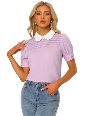 INSPIRE CHIC Women's Vintage Peter Pan Collar Contrast Puff Short Sleeve Blouse