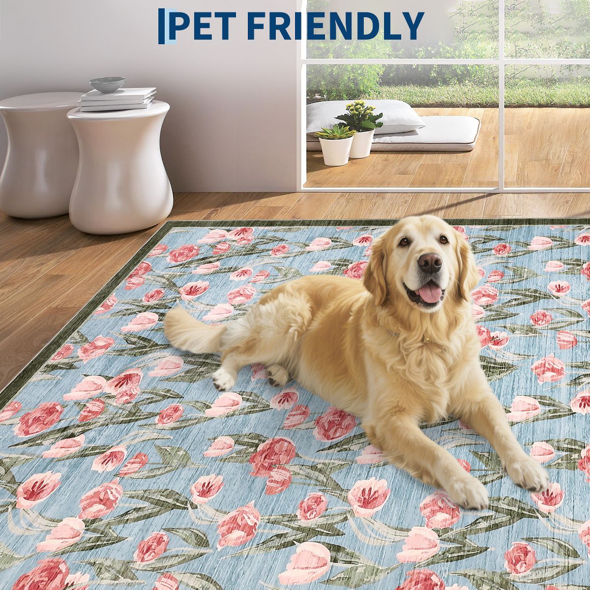 Garvee Tulip Area Rugs for Living Room, Non-Slip Low Pile Washable Carpet, Farmhouse Floral Accent Rug Home Decor - thumbnail 4