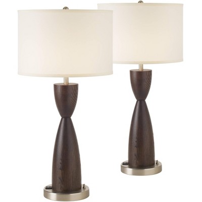 360 Lighting Modern Table Lamps Set of 2 with AC Power Outlet Dark Chocolate Kona Brown Off White Drum Shade Living Room Bedroom