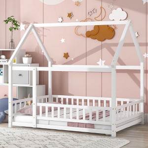 CAVINAS Twin/Full Size Kids Toddler Bed with Wood Roof Frame,Floor Bed with Fence Design,Montessori Bed for Bedroom Playroom,Gray/White/Brown/Pink - 1 of 4