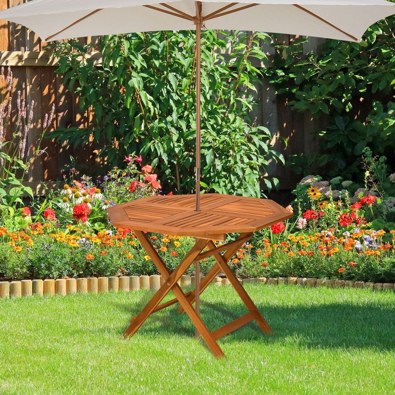 Outsunny 39" Acacia Wood Outdoor Dining Table, Octagon Patio Table with Umbrella Hole, Teak, 2 of 9