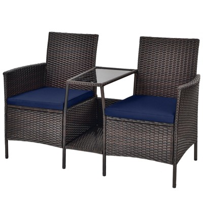 Tangkula Patio Loveseat 2 Person Cushioned Seats With Center Table Outdoor Rattan Furniture Set Turquoise/ Red