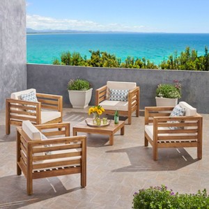 Christopher Knight Home Oana Outdoor Acacia Wood 5 Piece Club Chair Chat Set with Cushions - 1 of 4