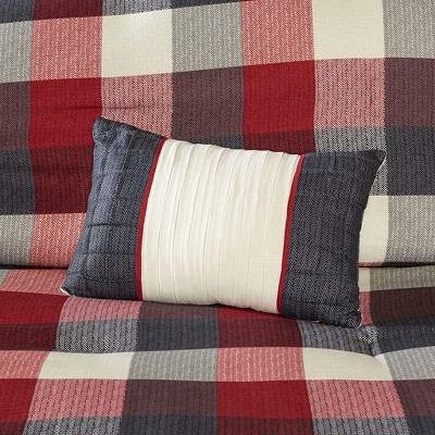 Queen Red and Gray Herringbone Plaid Comforter Set