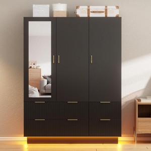 PAKASEPT Black Armoire Wardrobe Closet with 3 Door, Mirror, LED Lights, Hanging Rod and 6 Drawers - 1 of 4