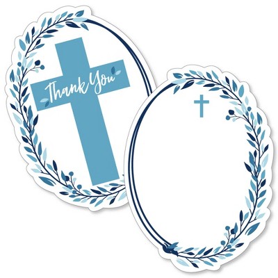 Big Dot of Happiness Blue Elegant Cross - Shaped Thank You Cards - Boy Religious Party Thank You Note Cards with Envelopes - Set of 12