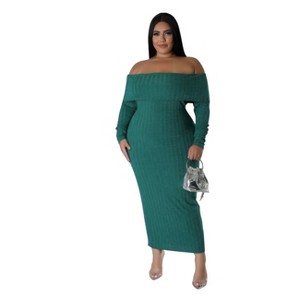 Slickblue Women's Plus Size Off-Shoulder Stretch Dress - Long Sleeve Bodycon in Bold Color and Size Options - 1 of 4