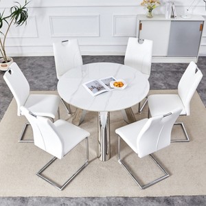 FURNIinspire Dining Sets Table And Chair Set, 42" Round Table With Stainless Steel Legs And 6 White Dining Chairs, White And Silver - 1 of 4