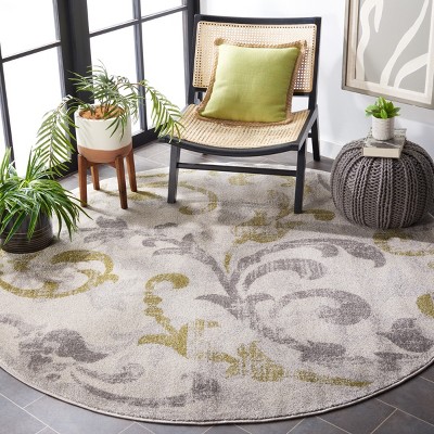 Ivory and Light Grey Round Baroque Print Area Rug