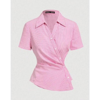 TIME HOLLOW Striped Short Sleeve Shirt With Ruched Waist