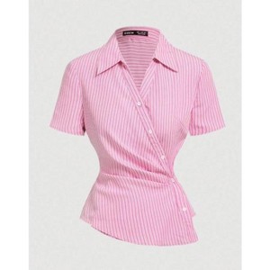 TIME HOLLOW Striped Short Sleeve Shirt With Ruched Waist - 1 of 3