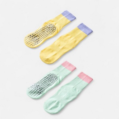 Anna-Kaci Women's Crew Grip Socks 2-Pack with Contrast Cuffs and Raised Textured Soles for Indoor Comfort
