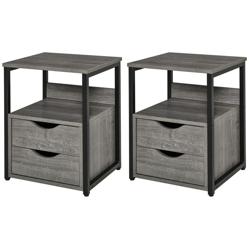 HOMCOM Industrial Side Table, End Table with 2 Storage Drawers, Accent Piece for Living Room, Set of 2, Gray, 4 of 7