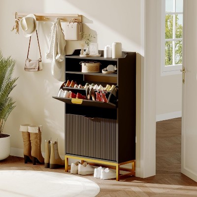Fluted Shoe Cabinet with 2 Flip Drawers & Open Shelf, 44" Modern Entryway Storage Organizer, Wood Shoe Rack with Gold Handles for Hallway & Foyer