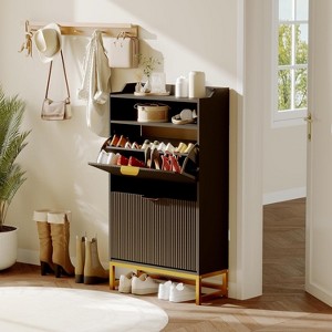 Fluted Shoe Cabinet with 2 Flip Drawers & Open Shelf, 44" Modern Entryway Storage Organizer, Wood Shoe Rack with Gold Handles for Hallway & Foyer - 1 of 4