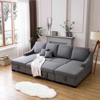 Modular Sectional Sleeper Sofa, Pull Out Bed With Storage Chaise, U-Shape Convertible Couch With 2 Tossing Cushions, For Apartment, Living Room