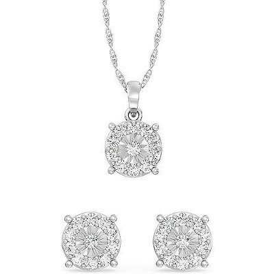 GILDED 1 CTTW Lab-Grown Diamond Round Necklace & Earring Set, Sterling Silver or 14K Gold-Plated, 18" Chain, Tarnish-Resistant, Gift-Boxed
