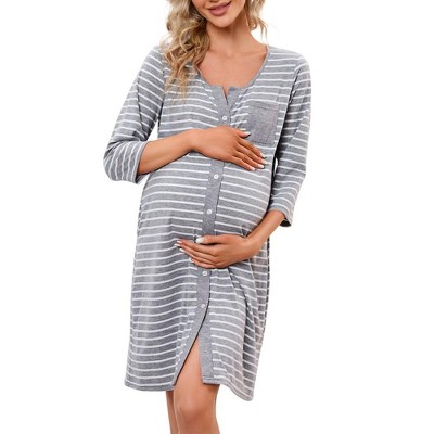 WhizMax Mothers Day Gifts Maternity Nightgown Women's 3/4 Sleeve Striped Nursing Sleepshirt Full Button Breastfeeding Sleep Dress
