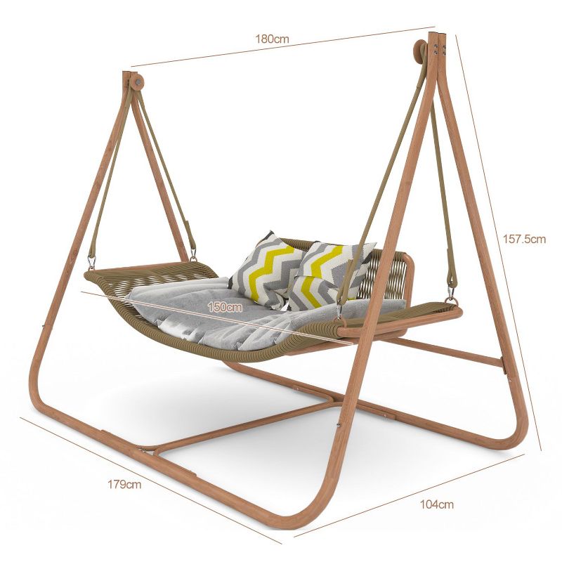 Nellie Anti-Rust Wood-Colored Frame Patio Hammock Stand with Cushion, 570 lbs Capacity, Outdoor Furniture - Maison Boucle, 3 of 7