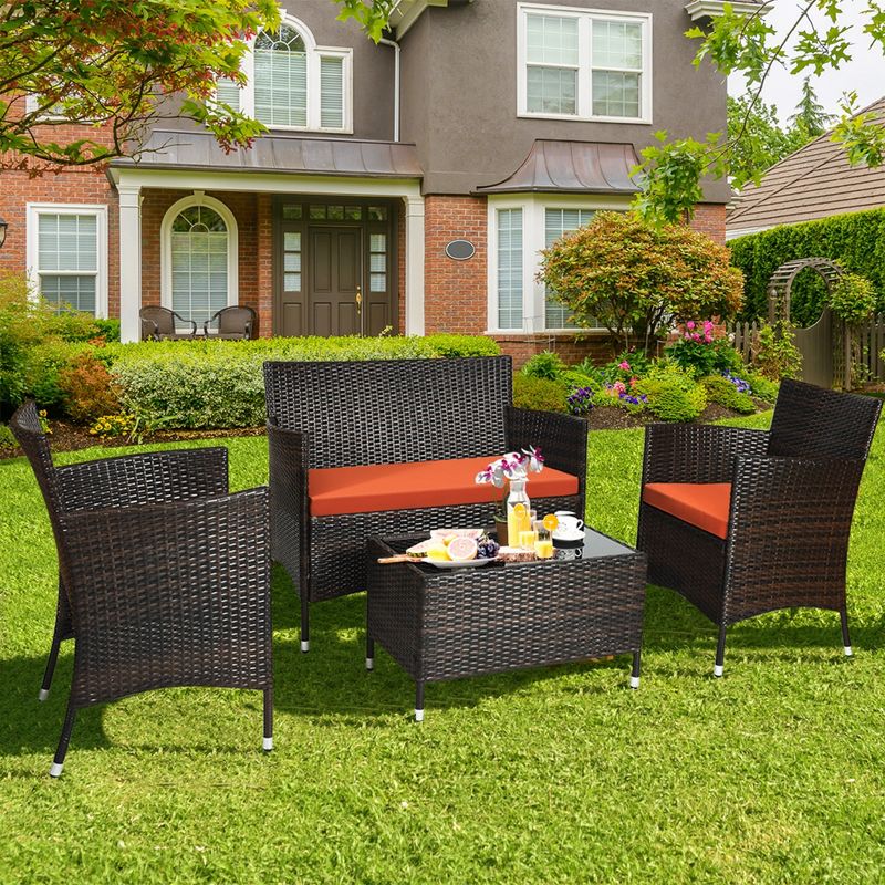 Costway 4PCS Rattan Patio Furniture Set Cushioned Sofa Chair Coffee Table, 1 of 11