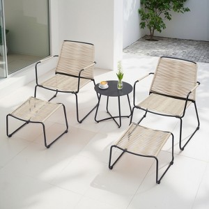 5 Piece Rope Patio Furniture Set, All-Weather Conversation Sets for Backyard with Handwoven Armchairs, Ottomans, Round Coffee Table, Beige - 1 of 4