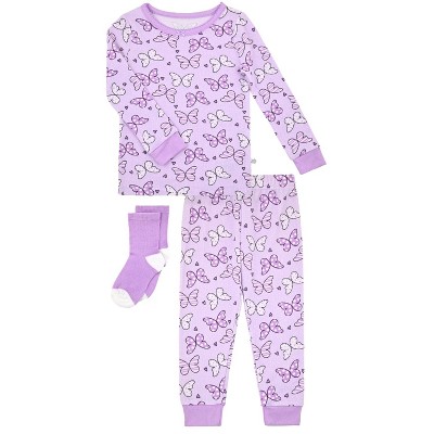 Image of Sleep On It Infant Girls 2-Piece Super Soft Jersey Snug-Fit Pajama Set with Matching Socks - Butterfly Bliss, Purple, Size 12M