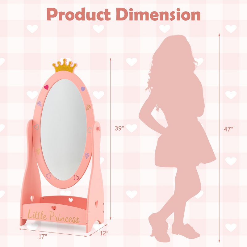 Costway Kids Full Length Mirror Free-Standing 360° Dressing Wooden Princess Storage Pink, 3 of 11