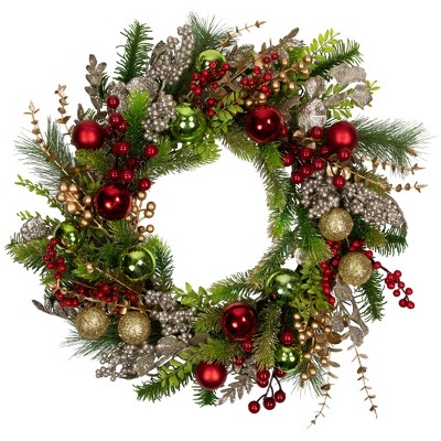 Northlight Glittered Ornaments and Berries Christmas Wreath - 24" - Green and Gold