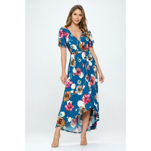 West K Women's Georgia Faux-wrap Dress With High-low Hem And Tie Waist - X  Small - Teal Multi Floral : Target