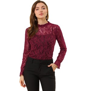INSPIRE CHIC Women's Crochet Lace See-Through Ruffle Frill Neck Floral Elegant Blouse - 1 of 4