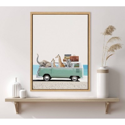 Natural Framed Canvas Print of Zoo Animals on Beach Adventure, 18" x 24"