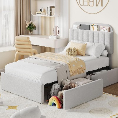 Twin/Twin-XL/Full/Queen Size Bed Frame for Kids with Storage Drawers & Bookcase Headboard, Boucle Platform Bed, Noise-Free, No Box Spring Needed